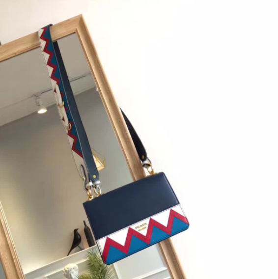  Prada Esplanade Saffiano and calf leather bag baltic blue & red